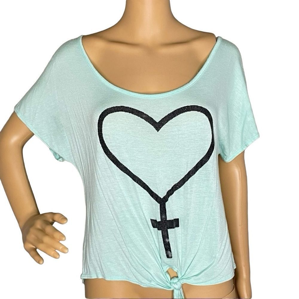 Miss Popular Aqua and Black Tie Front Blouse With Heart Size Large